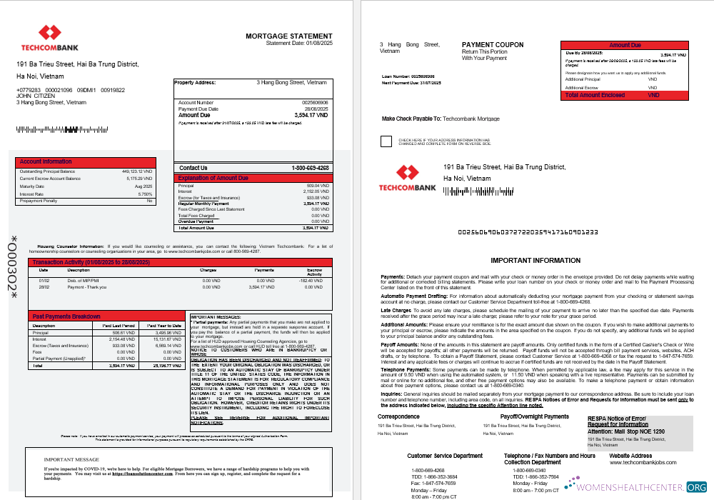 Download Vietnam Techcombank mortgage statement in Word and PDF formats 1 2 Photoshop template